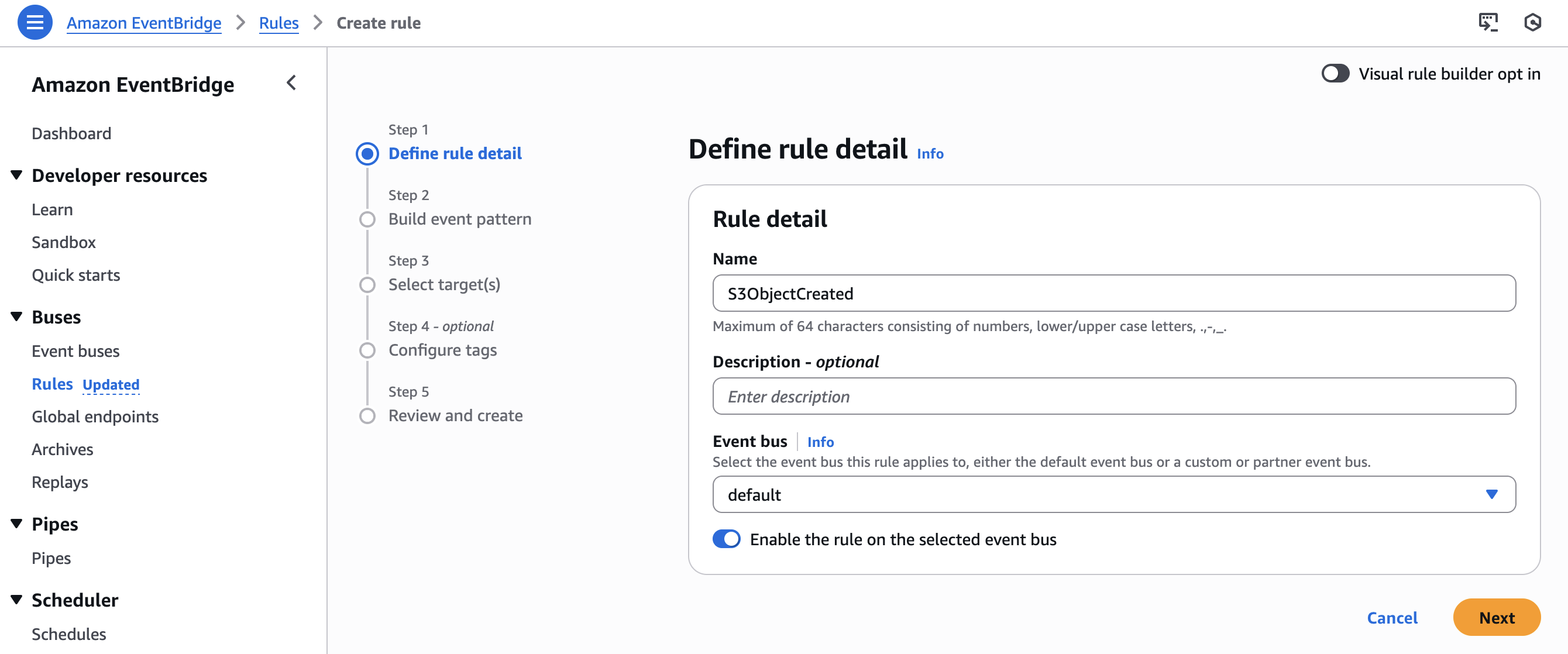 Задание имени правила EventBridge и шины событий