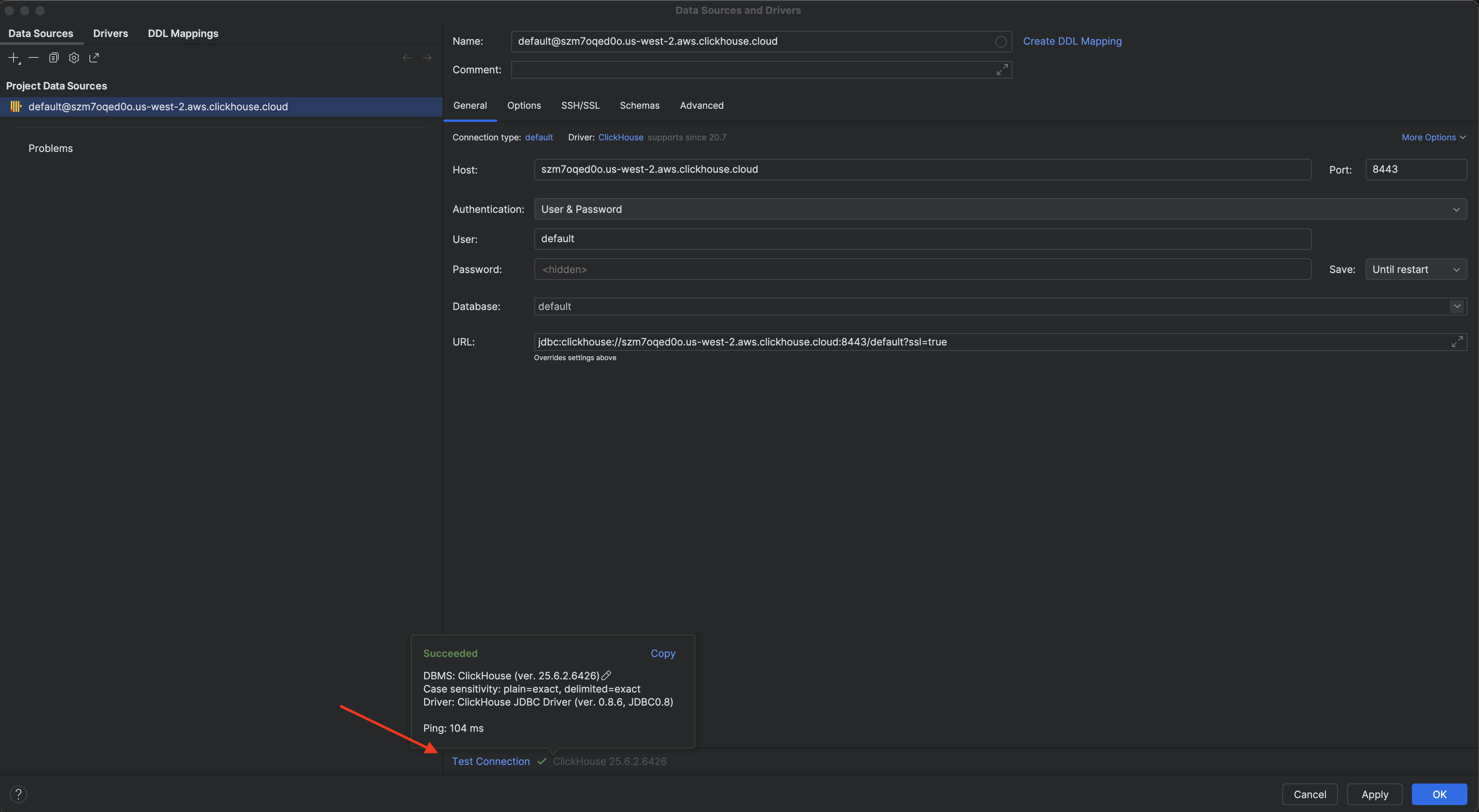Форма параметров подключения DataGrip с настройками ClickHouse