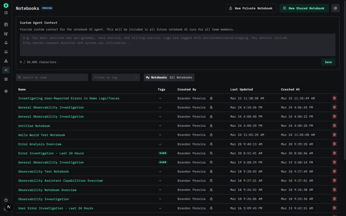 Agent Settings panel for custom context